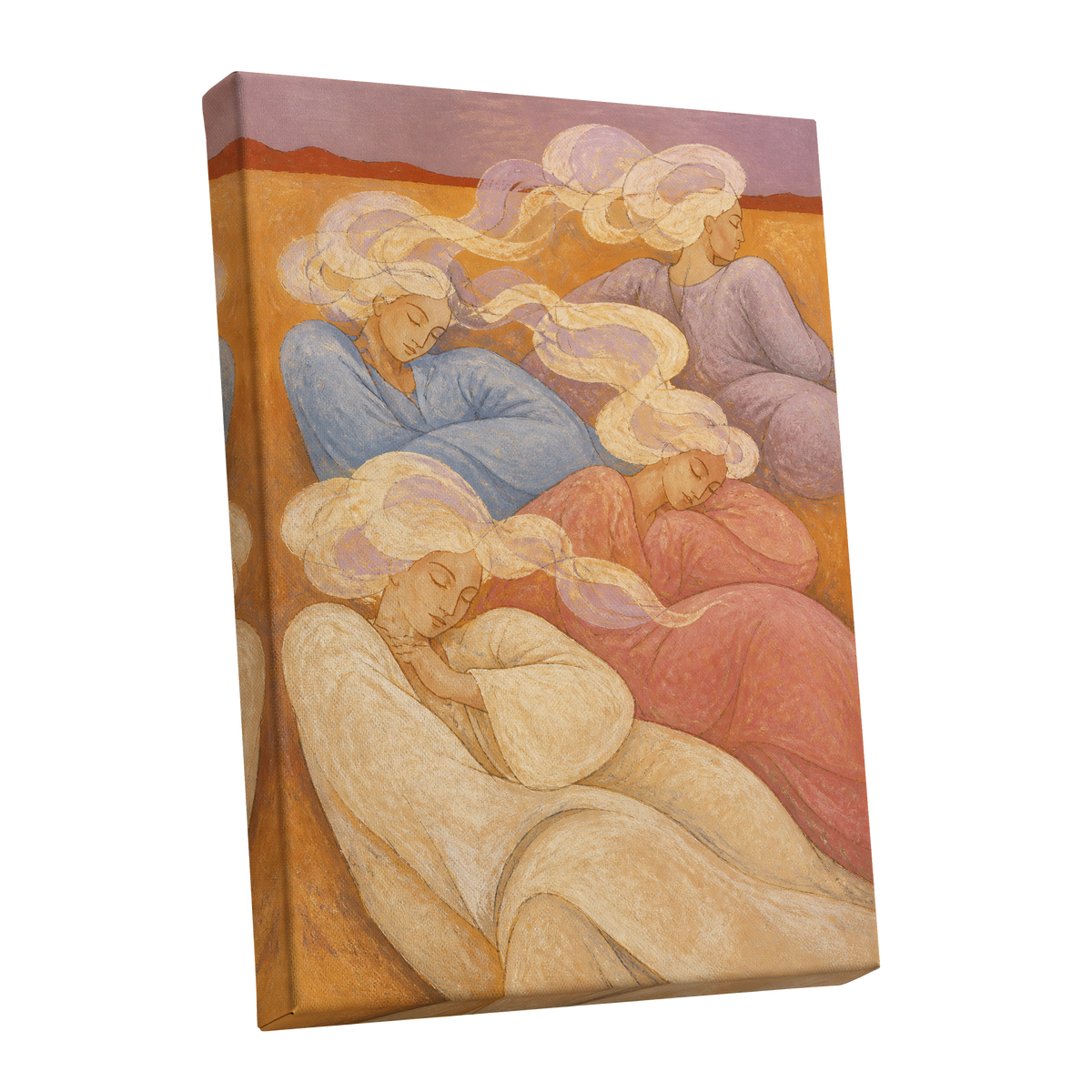 The Quiet Quartet, beige, pink, blue abstract wall art shown as a stretched canvas wall art