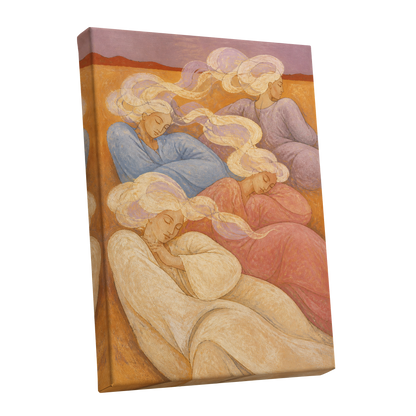The Quiet Quartet, beige, pink, blue abstract wall art shown as a stretched canvas wall art
