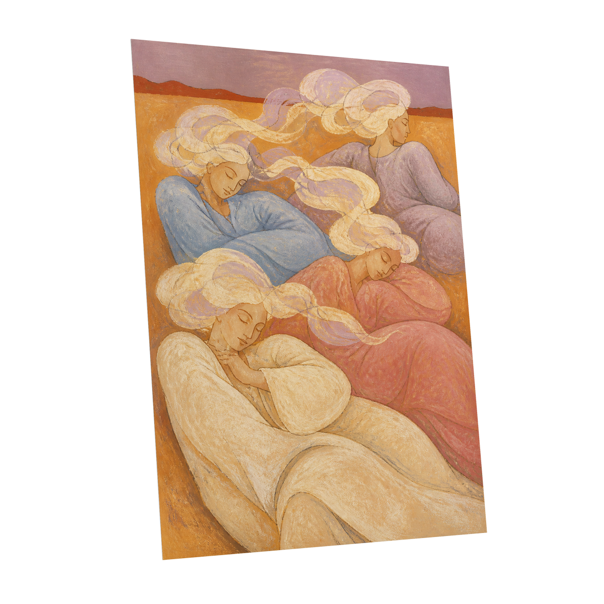The Quiet Quartet, beige, pink, blue abstract wall art shown as a unframed poster wall art print