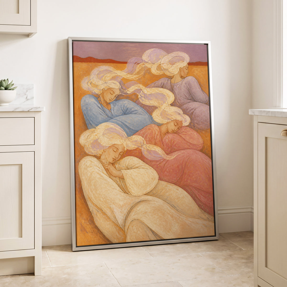 The Quiet Quartet, beige, pink, blue abstract wall art displayed in a styled interior, gallery view 4