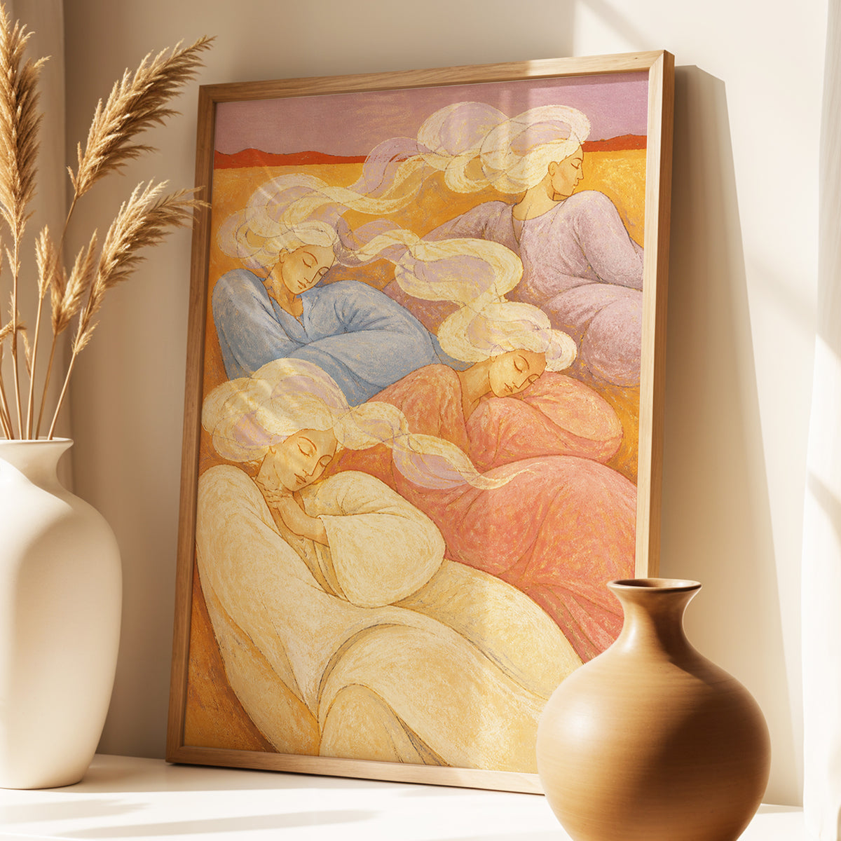 The Quiet Quartet, beige, pink, blue abstract wall art displayed in a styled interior, gallery view 6