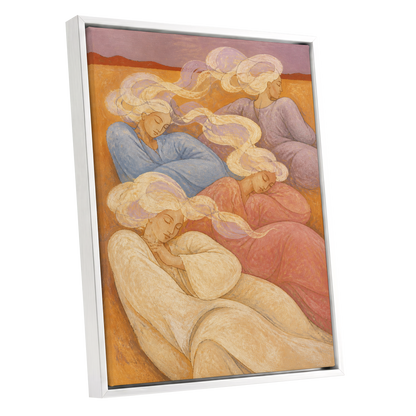 The Quiet Quartet, beige, pink, blue abstract wall art shown as a white framed canvas wall art