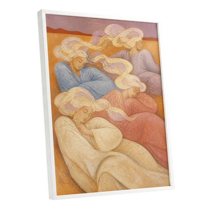 The Quiet Quartet, beige, pink, blue abstract wall art shown as a white framed poster wall art print