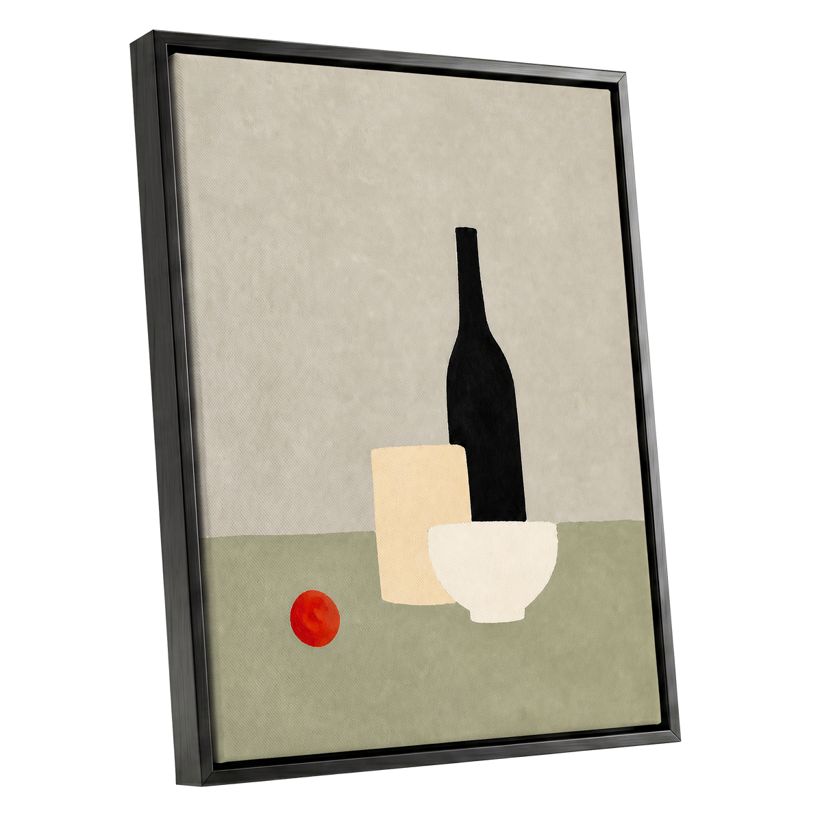 The Quiet Table, beige, green, black minimalist wall art shown as a black framed canvas wall art