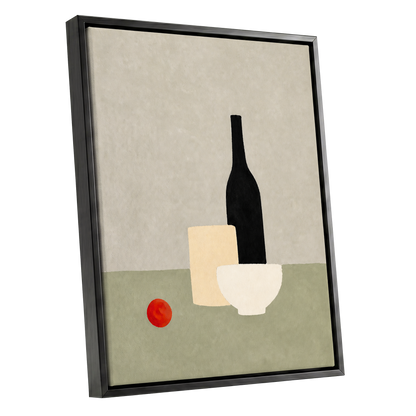 The Quiet Table, beige, green, black minimalist wall art shown as a black framed canvas wall art