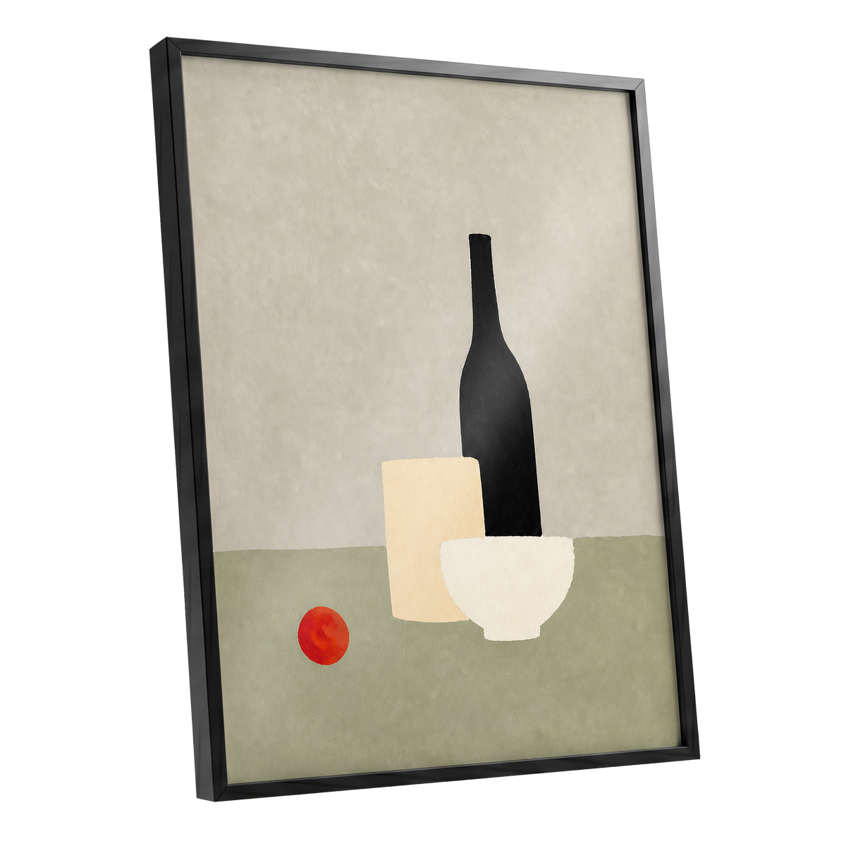 The Quiet Table, beige, green, black minimalist wall art shown as a black framed poster wall art print