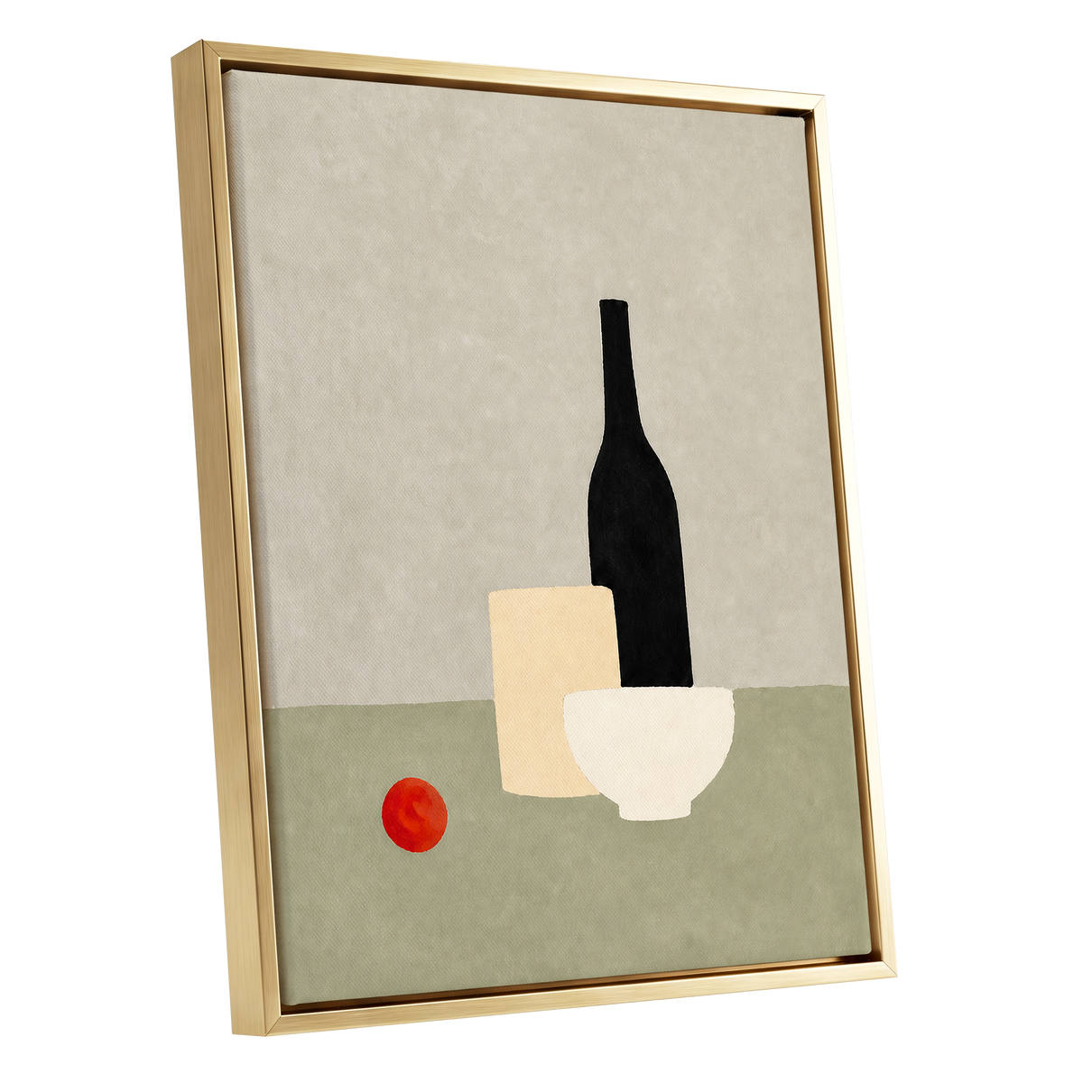 The Quiet Table, beige, green, black minimalist wall art shown as a gold framed canvas wall art