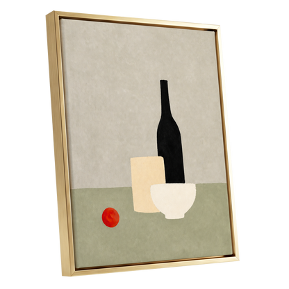 The Quiet Table, beige, green, black minimalist wall art shown as a gold framed canvas wall art