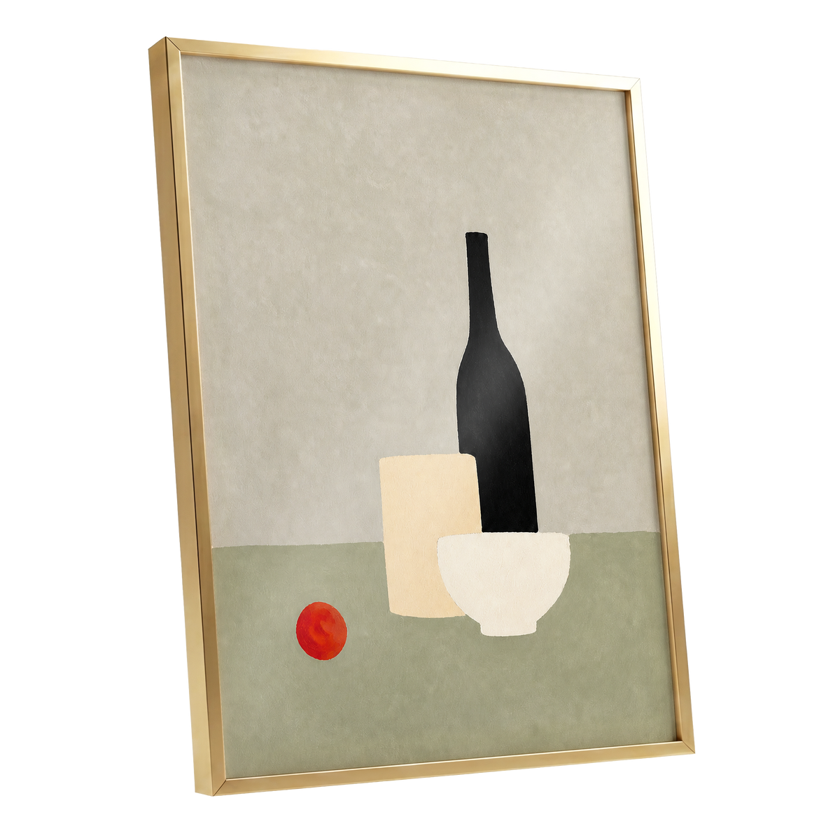 The Quiet Table, beige, green, black minimalist wall art shown as a gold framed poster wall art print