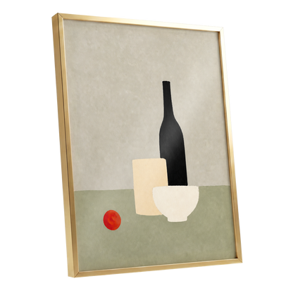 The Quiet Table, beige, green, black minimalist wall art shown as a gold framed poster wall art print