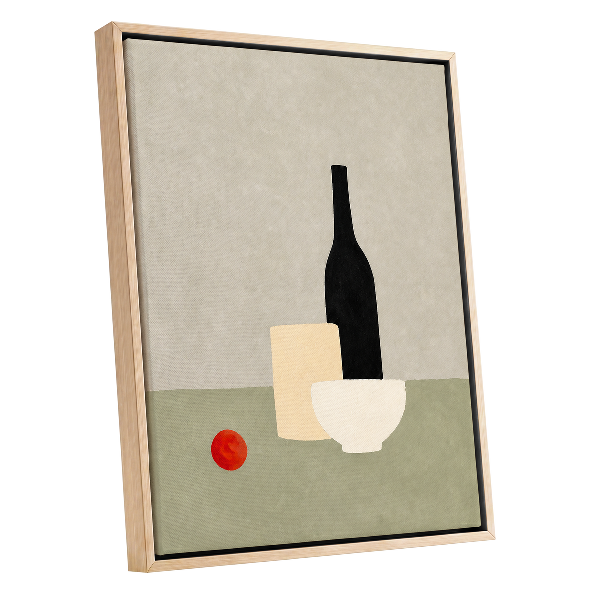 The Quiet Table, beige, green, black minimalist wall art shown as a oak framed canvas wall art