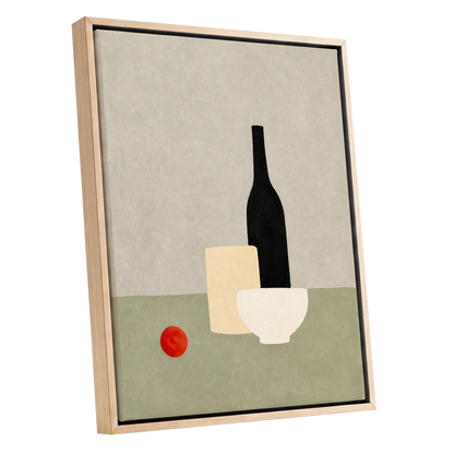 The Quiet Table, beige, green, black minimalist wall art shown as a oak framed canvas wall art