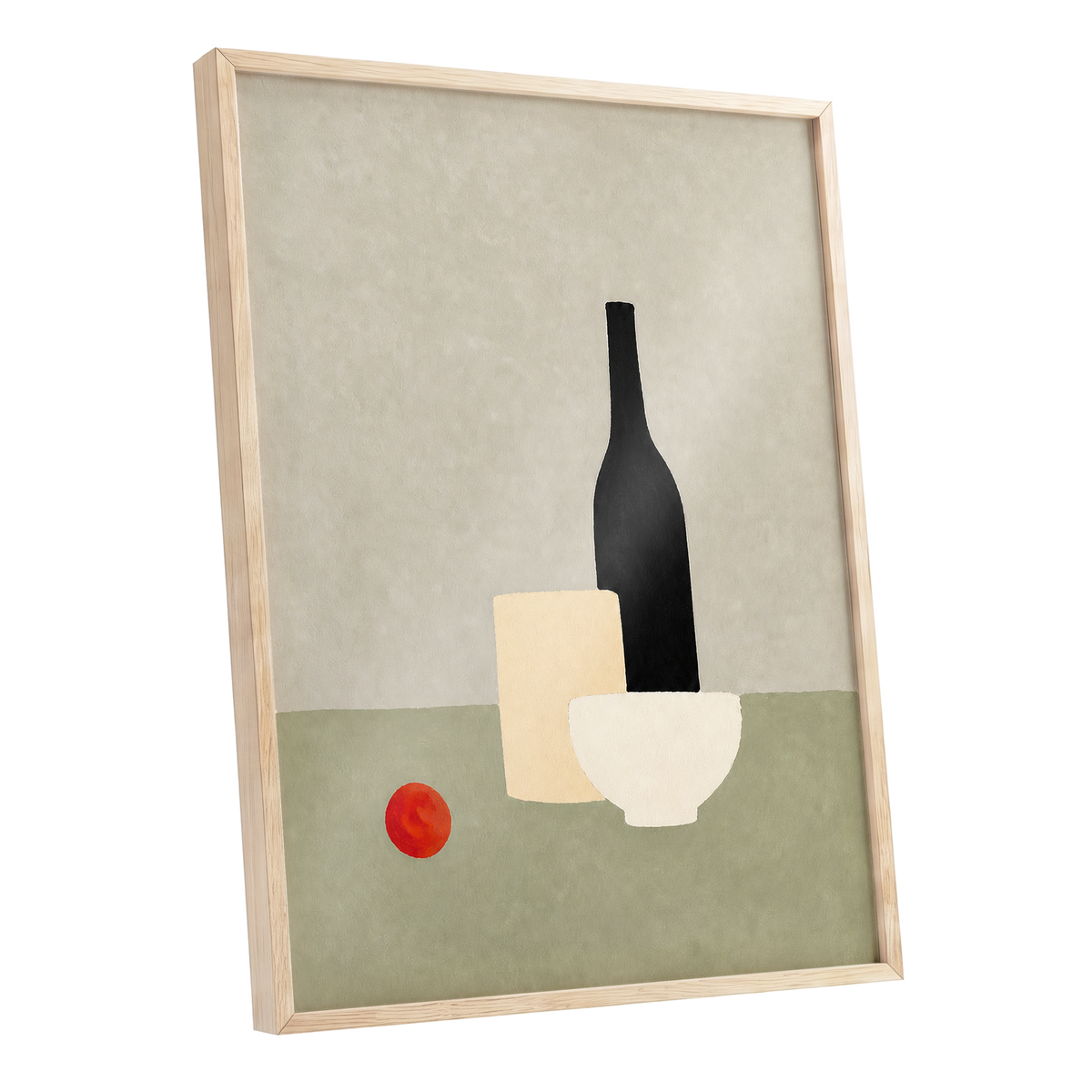 The Quiet Table, beige, green, black minimalist wall art shown as a oak framed poster wall art print