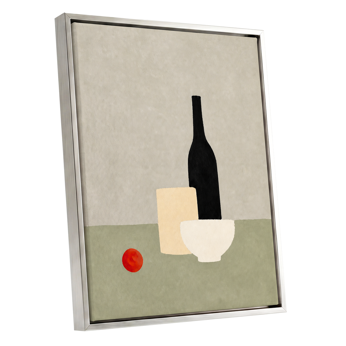 The Quiet Table, beige, green, black minimalist wall art shown as a silver framed canvas wall art