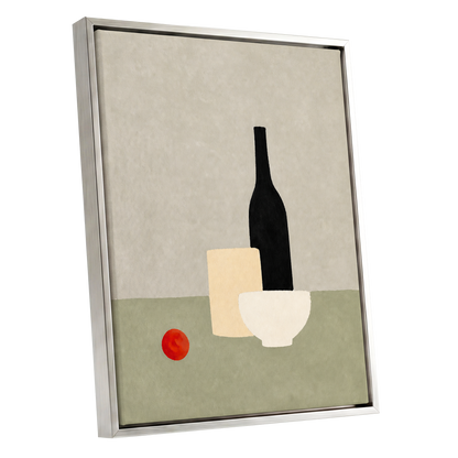 The Quiet Table, beige, green, black minimalist wall art shown as a silver framed canvas wall art