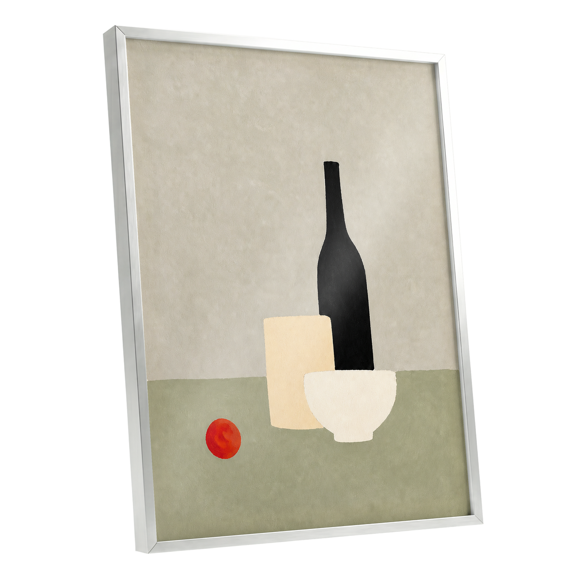 The Quiet Table, beige, green, black minimalist wall art shown as a silver framed poster wall art print
