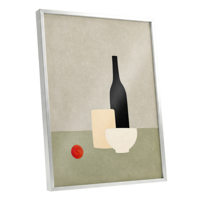 The Quiet Table, beige, green, black minimalist wall art shown as a silver framed poster wall art print