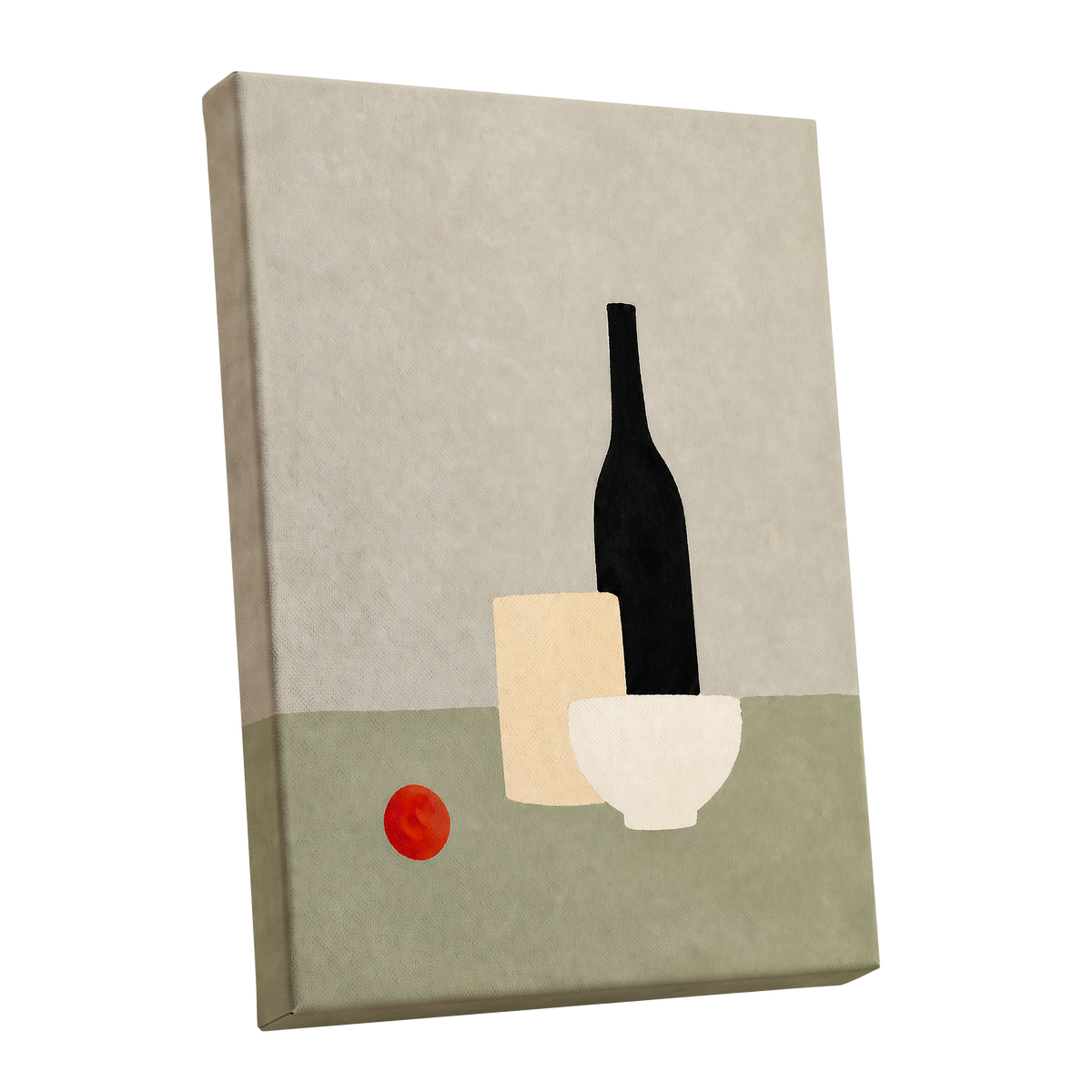 The Quiet Table, beige, green, black minimalist wall art shown as a stretched canvas wall art