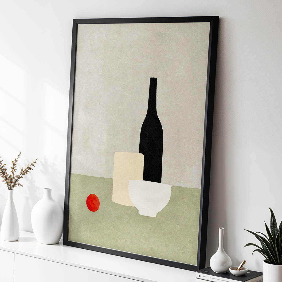 The Quiet Table, beige, green, black minimalist wall art displayed in a styled interior, gallery view 2
