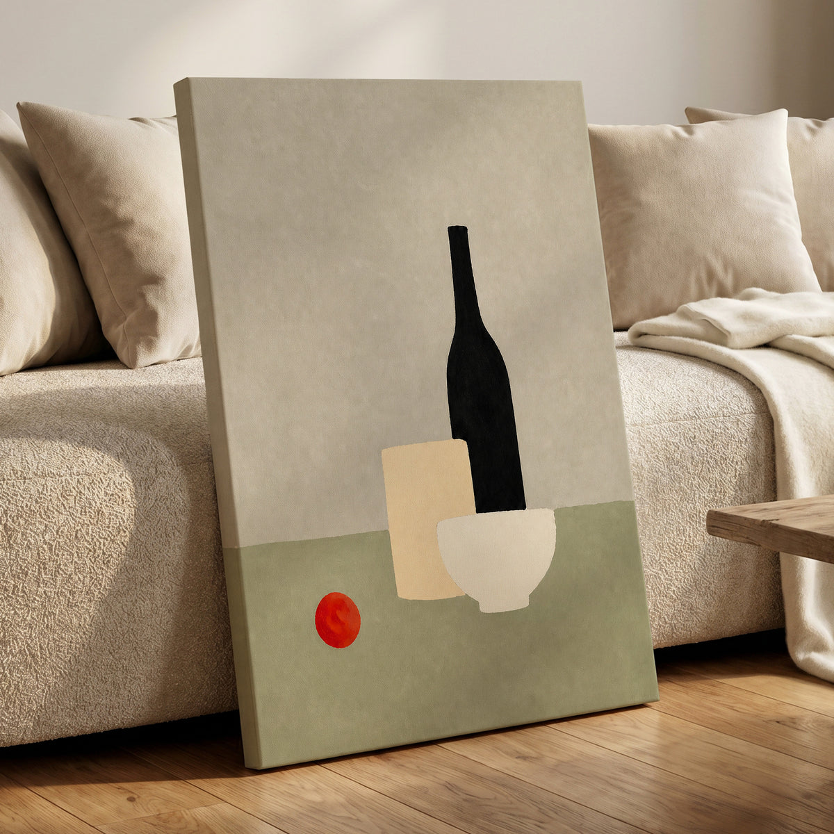 The Quiet Table, beige, green, black minimalist wall art displayed in a styled interior, gallery view 3