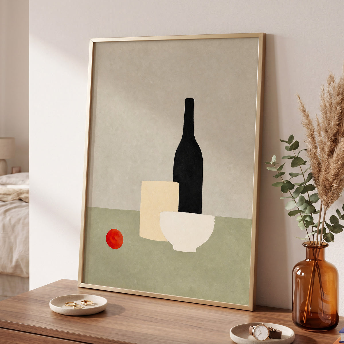 The Quiet Table, beige, green, black minimalist wall art displayed in a styled interior, gallery view 6