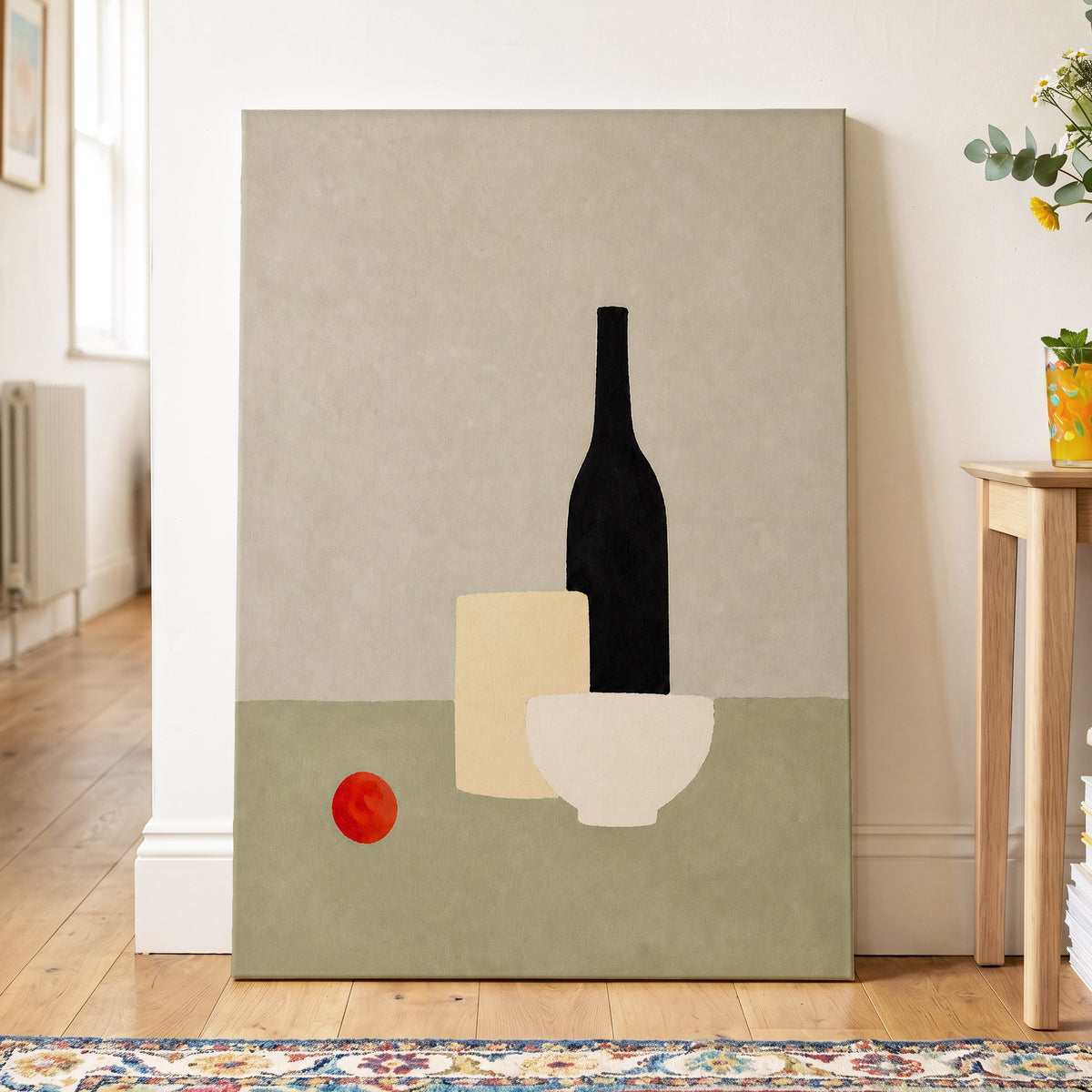 The Quiet Table, beige, green, black minimalist wall art displayed in a styled interior, gallery view 7