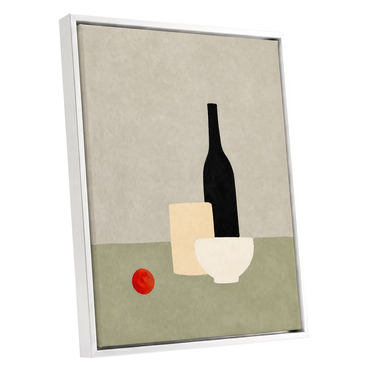 The Quiet Table, beige, green, black minimalist wall art shown as a white framed canvas wall art