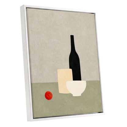 The Quiet Table, beige, green, black minimalist wall art shown as a white framed canvas wall art