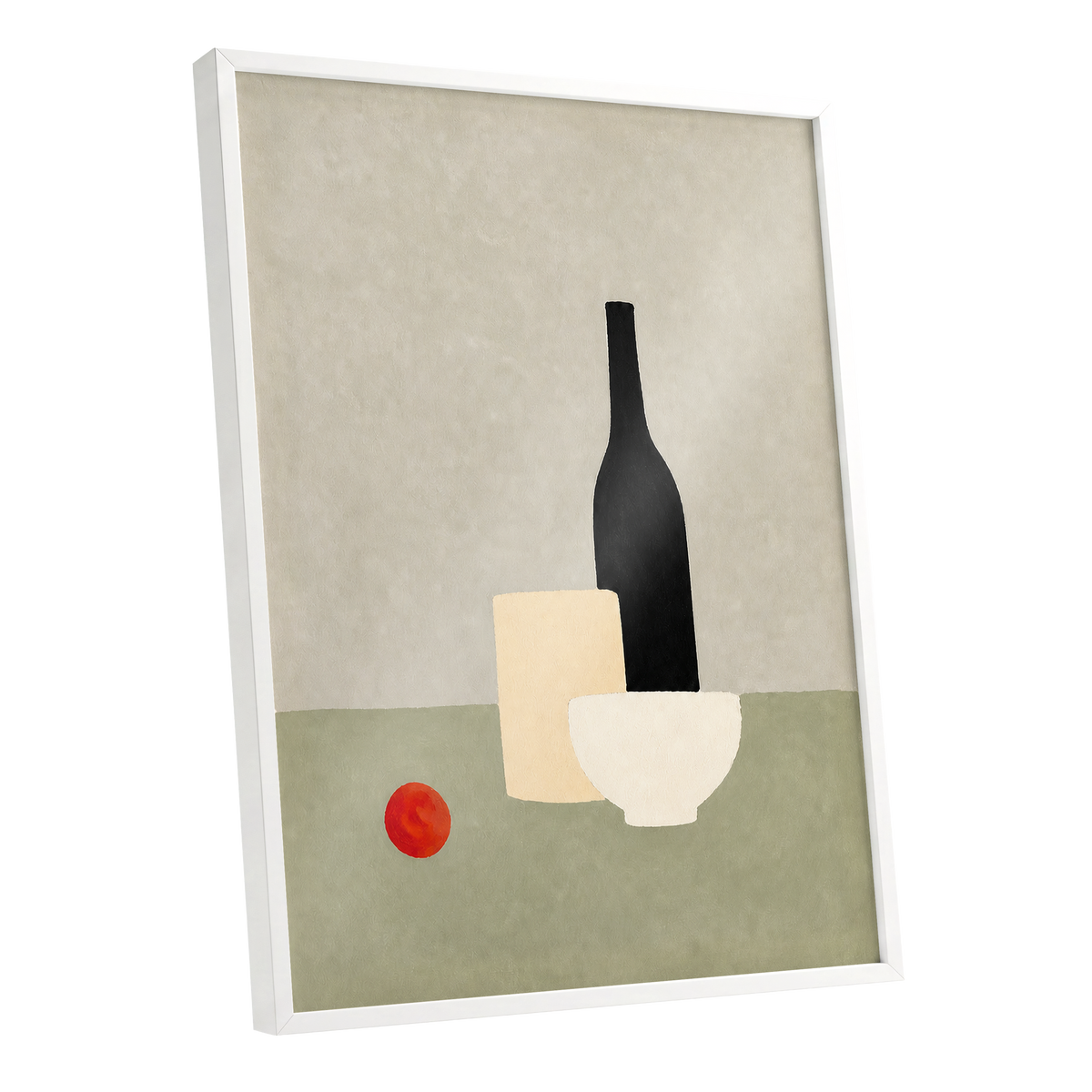 The Quiet Table, beige, green, black minimalist wall art shown as a white framed poster wall art print