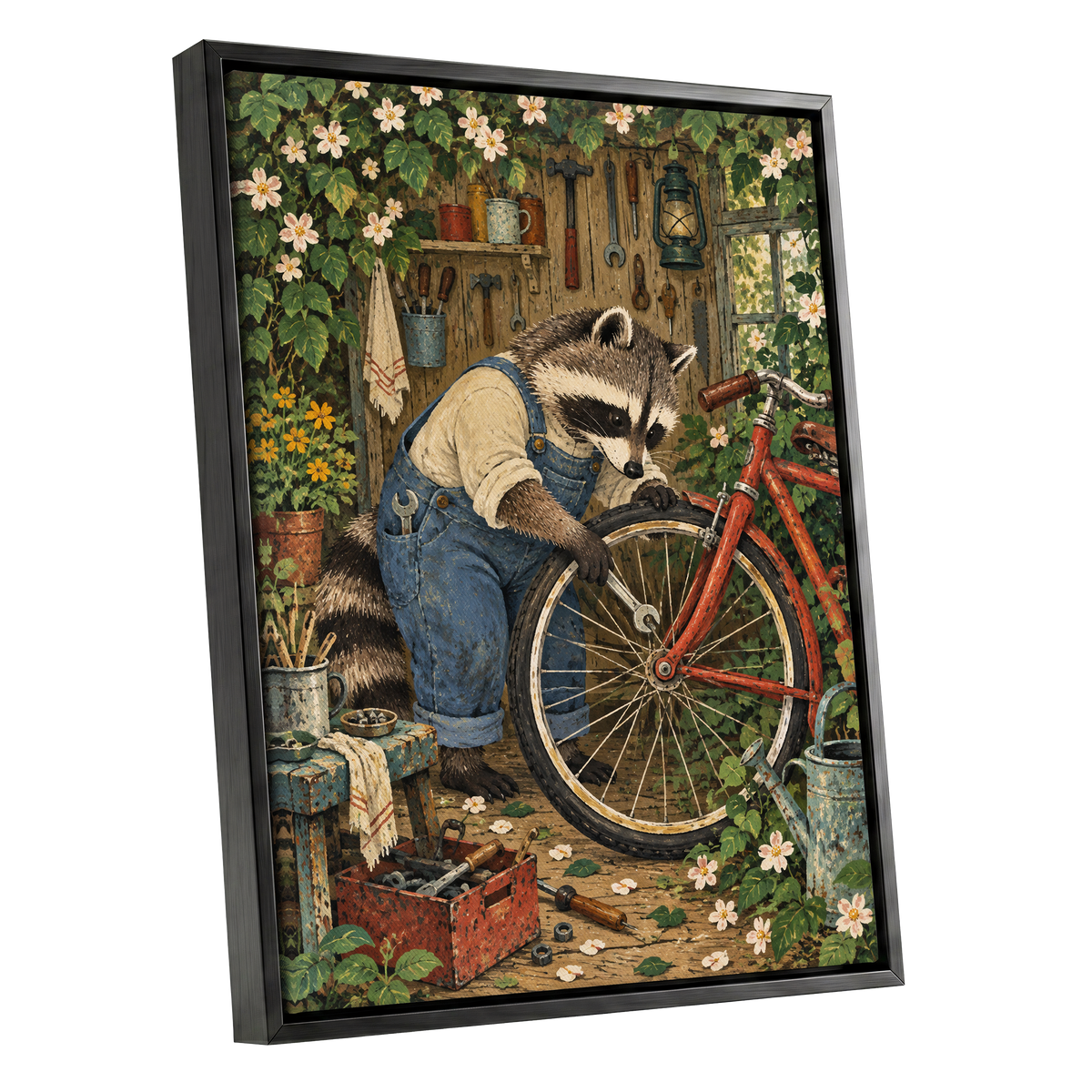 The Raccoon Repair Shop, green, blue, brown nature wall art shown as a black framed canvas wall art