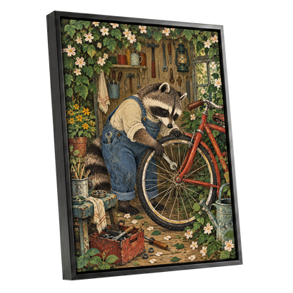 The Raccoon Repair Shop, green, blue, brown nature wall art shown as a black framed canvas wall art
