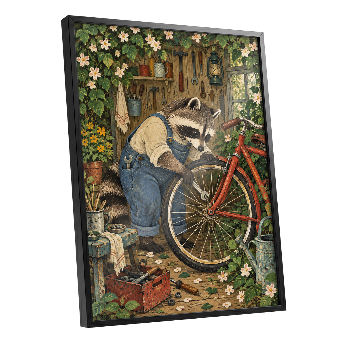The Raccoon Repair Shop, green, blue, brown nature wall art shown as a black framed poster wall art print