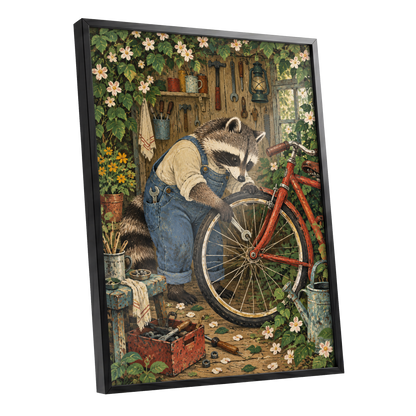 The Raccoon Repair Shop, green, blue, brown nature wall art shown as a black framed poster wall art print