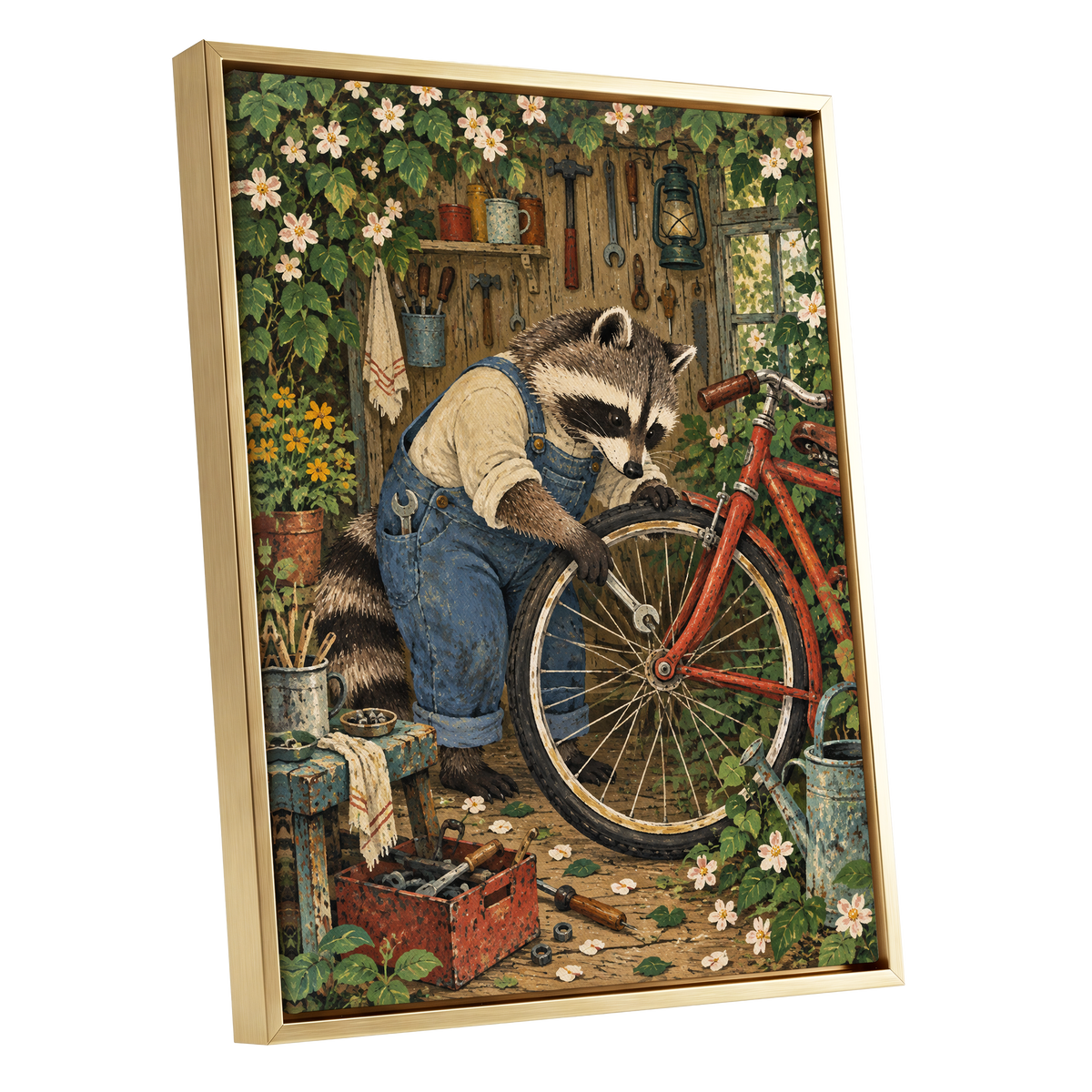 The Raccoon Repair Shop, green, blue, brown nature wall art shown as a gold framed canvas wall art