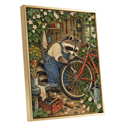 The Raccoon Repair Shop, green, blue, brown nature wall art shown as a gold framed canvas wall art