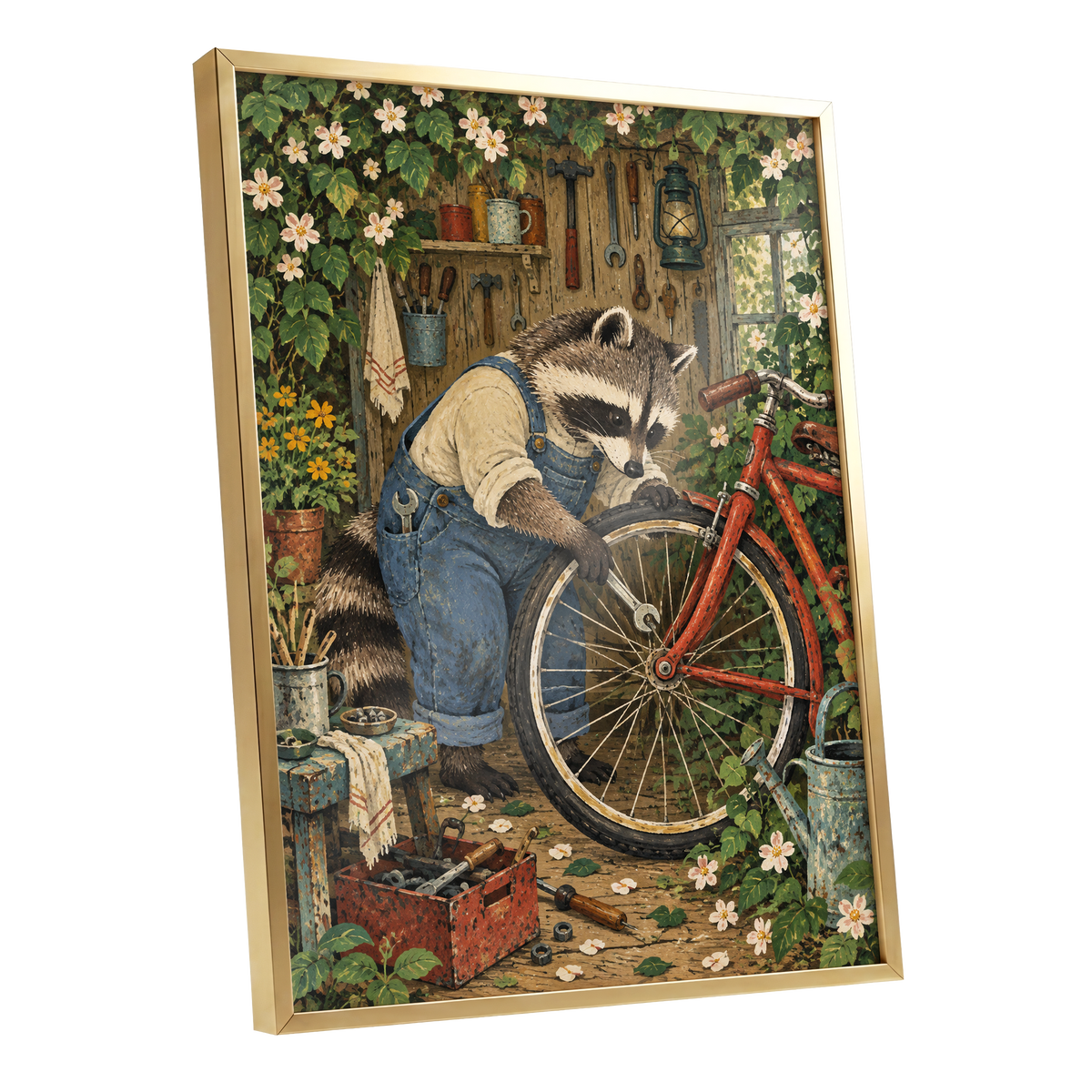 The Raccoon Repair Shop, green, blue, brown nature wall art shown as a gold framed poster wall art print