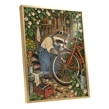 The Raccoon Repair Shop, green, blue, brown nature wall art shown as a gold framed poster wall art print
