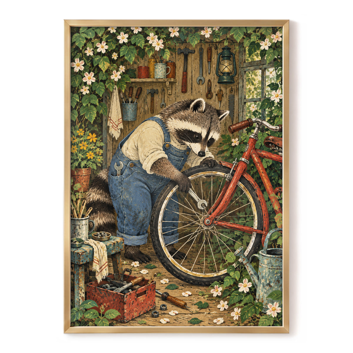 The Raccoon Repair Shop, green, blue, brown nature wall art, front artwork view