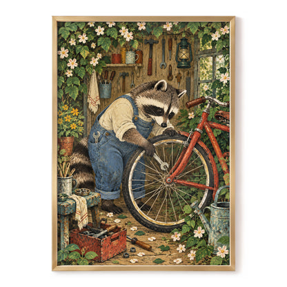 The Raccoon Repair Shop, green, blue, brown nature wall art, front artwork view