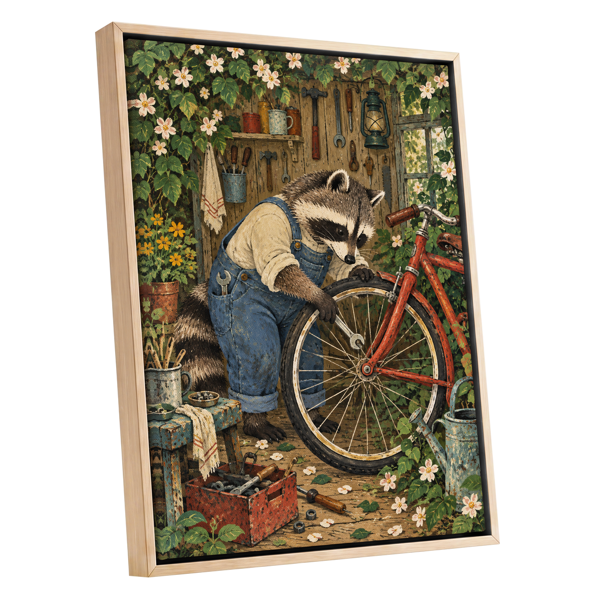 The Raccoon Repair Shop, green, blue, brown nature wall art shown as a oak framed canvas wall art