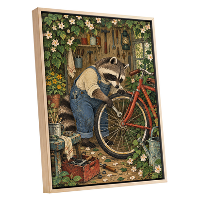 The Raccoon Repair Shop, green, blue, brown nature wall art shown as a oak framed canvas wall art