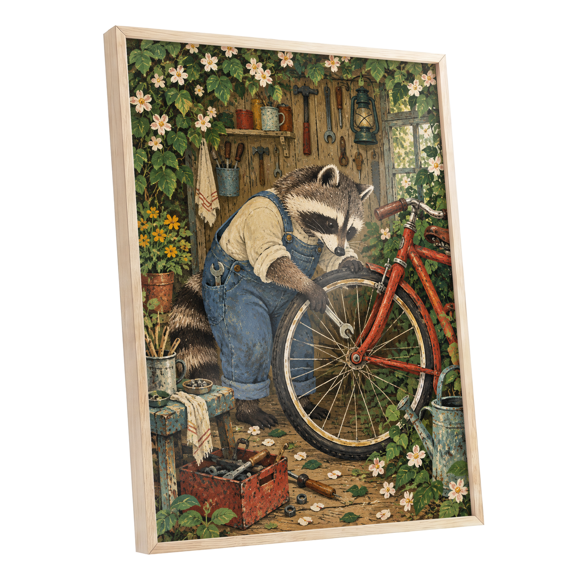 The Raccoon Repair Shop, green, blue, brown nature wall art shown as a oak framed poster wall art print