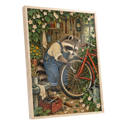 The Raccoon Repair Shop, green, blue, brown nature wall art shown as a oak framed poster wall art print