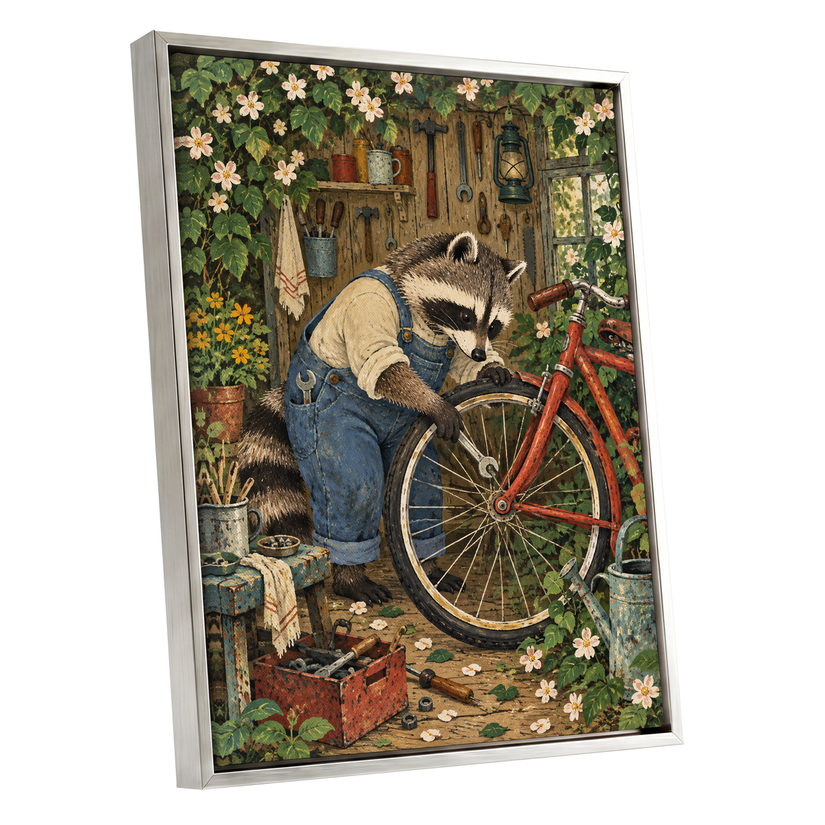The Raccoon Repair Shop, green, blue, brown nature wall art shown as a silver framed canvas wall art