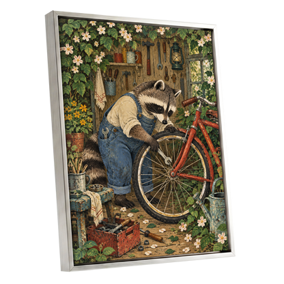 The Raccoon Repair Shop, green, blue, brown nature wall art shown as a silver framed canvas wall art