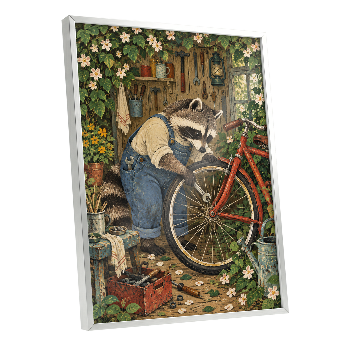 The Raccoon Repair Shop, green, blue, brown nature wall art shown as a silver framed poster wall art print