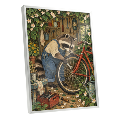 The Raccoon Repair Shop, green, blue, brown nature wall art shown as a silver framed poster wall art print