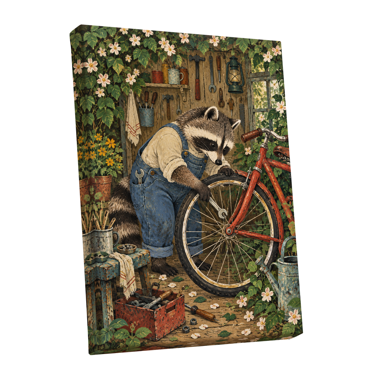 The Raccoon Repair Shop, green, blue, brown nature wall art shown as a stretched canvas wall art