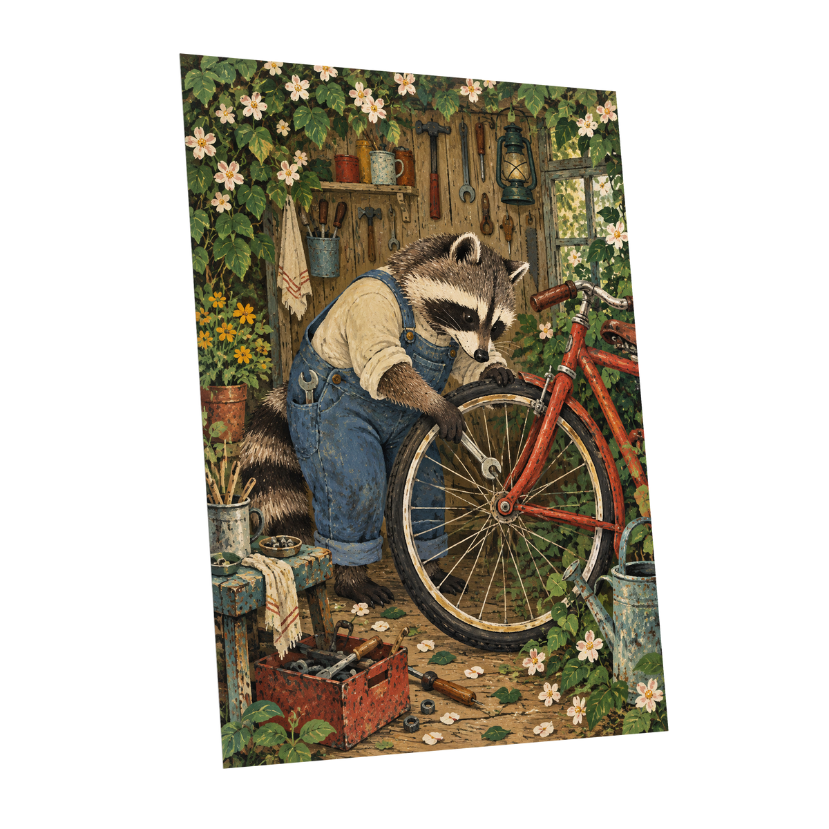 The Raccoon Repair Shop, green, blue, brown nature wall art shown as a unframed poster wall art print
