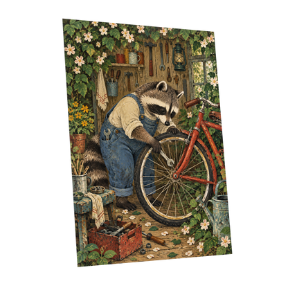 The Raccoon Repair Shop, green, blue, brown nature wall art shown as a unframed poster wall art print